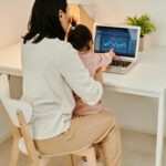 Mother working with child on laptop in home office setting, balancing work and family.